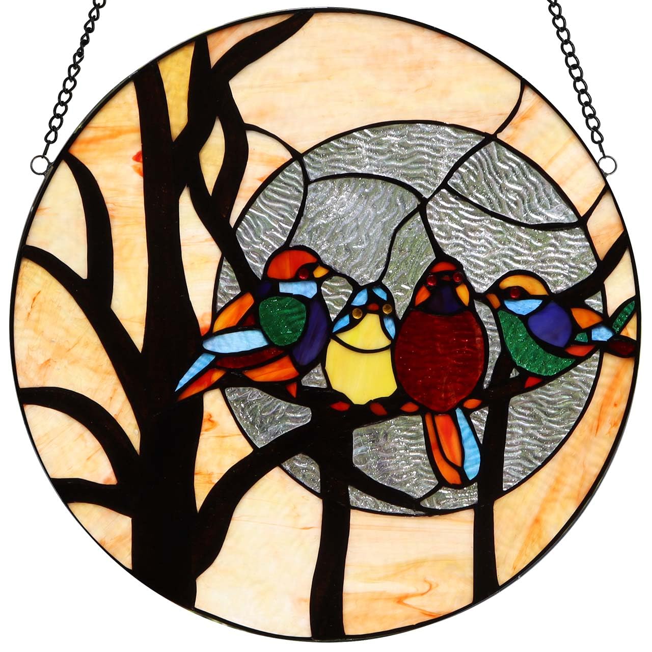 Bieye W10045 Birds &amp; Full Moon Tiffany Style Stained Glass Panel, 16-Inch