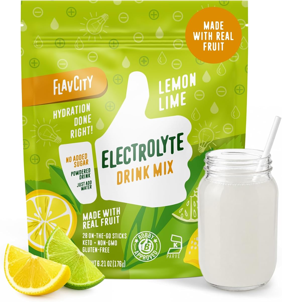 FlavCity Lemon Lime Electrolytes Powder Packets - 28 Hydration Packets - No Added Sugar - Hydration Powder with Real Fruit & Unrefined Sea Salt - Keto & Gluten-Free (28 Stick Packs)