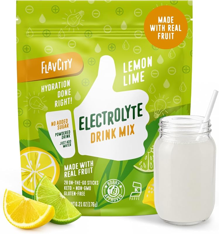 FlavCity Lemon Lime Electrolytes Powder Packets - 28 Hydration Packets - No Added Sugar - Hydration Powder with Real Fruit & Unrefined Sea Salt - Keto & Gluten-Free (28 Stick Packs)