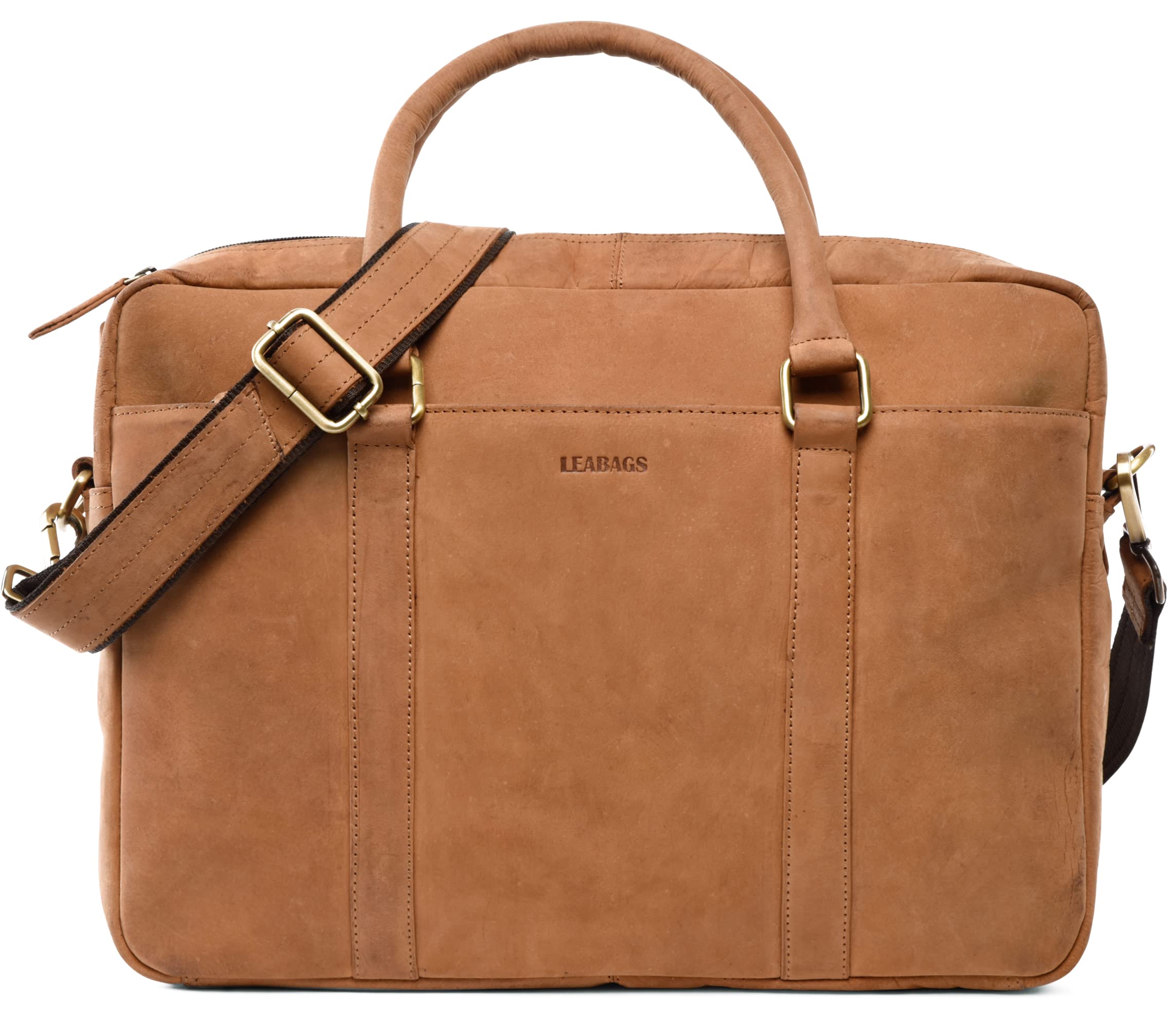 LEABAGS Bolso para Hombres y Mujeres | Bolsa de Portátil de Cuero Genuino de hasta 16" | Bolso Bandolera con Correa | Bolso de Hombro | Bolsa Mensajera | Bolsa de Trabajo