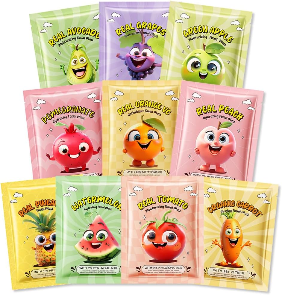 Kaely 10 Pack Fruit Face Masks for Kids, Spa Party Facial Mask Skincare Set, ...