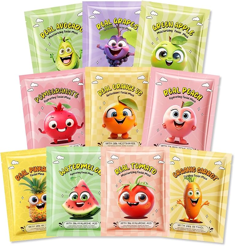 10 Pack Fruit Face Masks for Kids, Kids Face Mask Spa Day Kit Supplies, Spa Party Favors for Teens Girls Women, Sheet Facial Mask Skincare Gifts Set, Moisturize Soothe for All Skin Types, 01