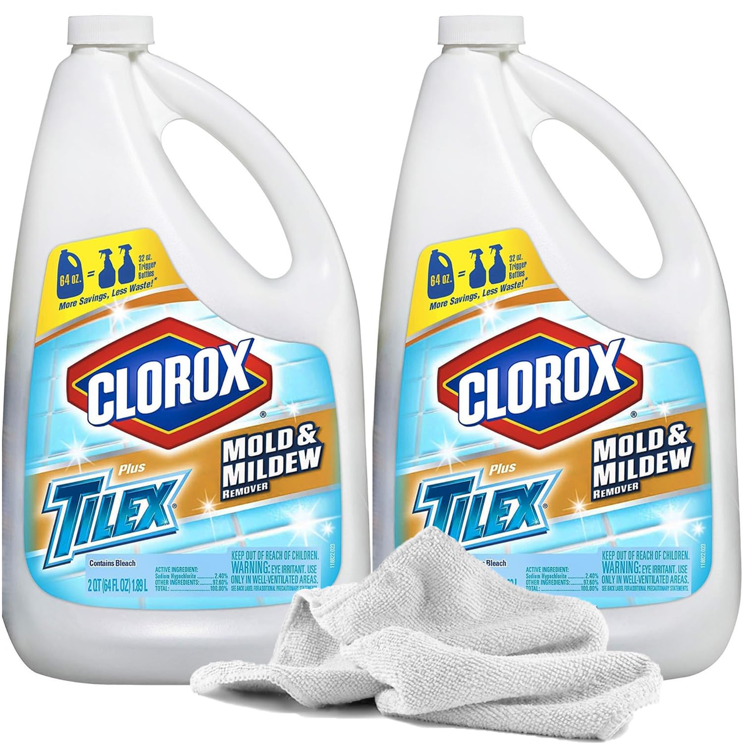2 Tile Mold and Mildew Cleaners with Bleach | Bathroom Bleach Refills, 64oz + Daley Mint Towel - Bath Cleaning for Shower, Tub, Countertops (128 Ounces Total)