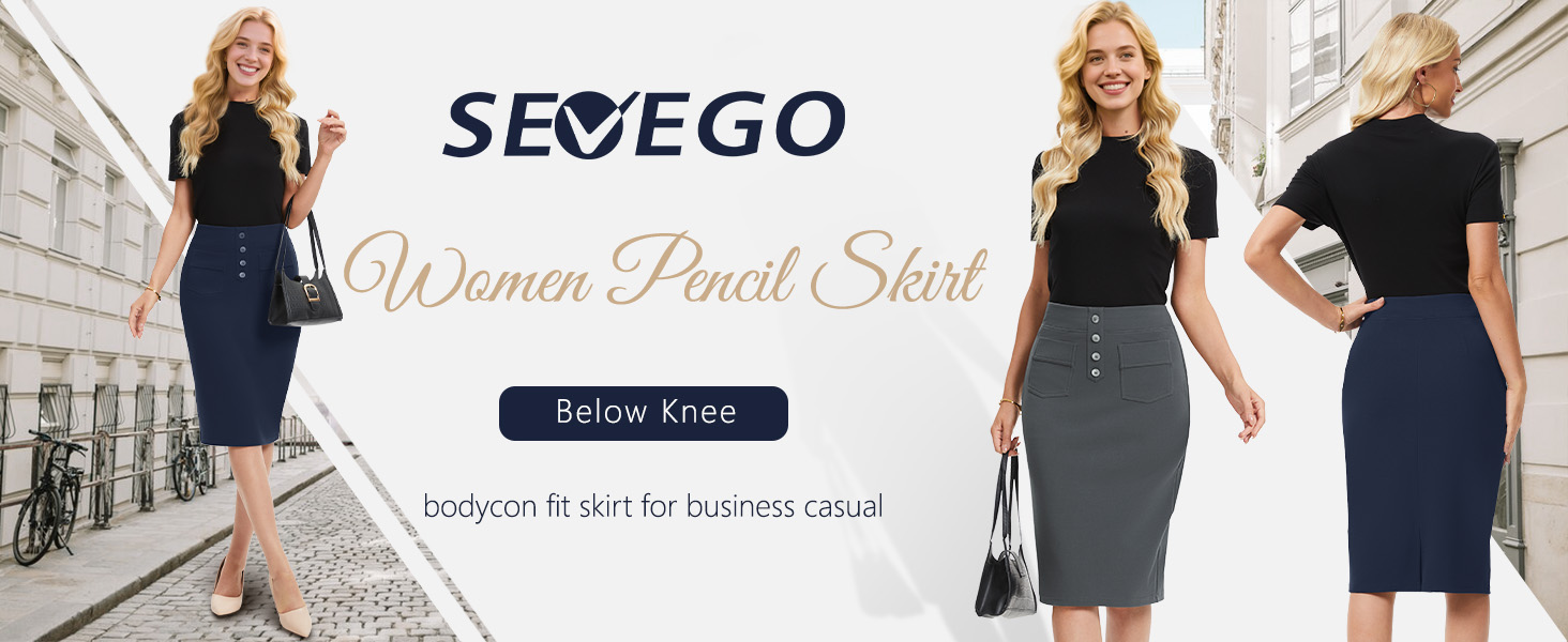 SEVEGO Women's Pencil Skirt Stretch High Waist Below Knee Bodycon