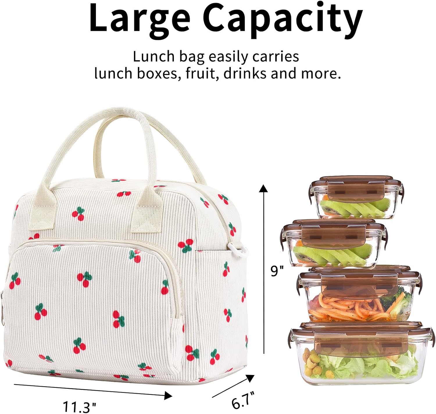 Lunch Bag Women Lunch Box for Women Adult Cute Insulated Lunch Bag Lager Cooler Lunch Tote Bags for Work Picnic (Beige-Cherry) - Image 3