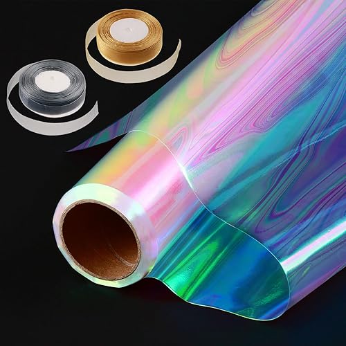 GcFoir Rollo de papel de seda iridiscente de celofán iridiscente de 34 pulgadas x 66 pies con 2 cintas de celofán para cestas de regalo, golosinas,