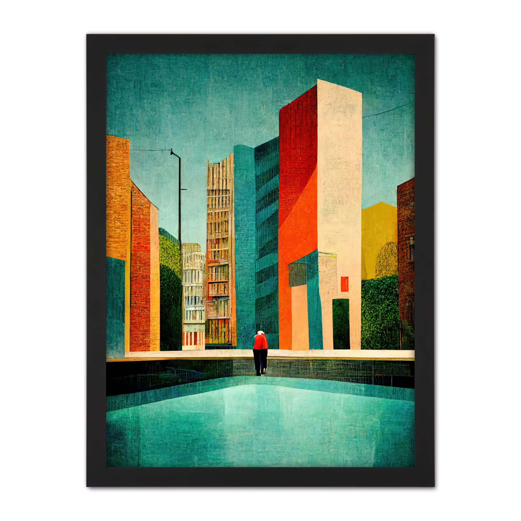 Wee Blue Coo Midcentury Style Cityscape Skyline Painting Orange Teal Ochre Artwork Framed Wall Art Print 18X24 Inch