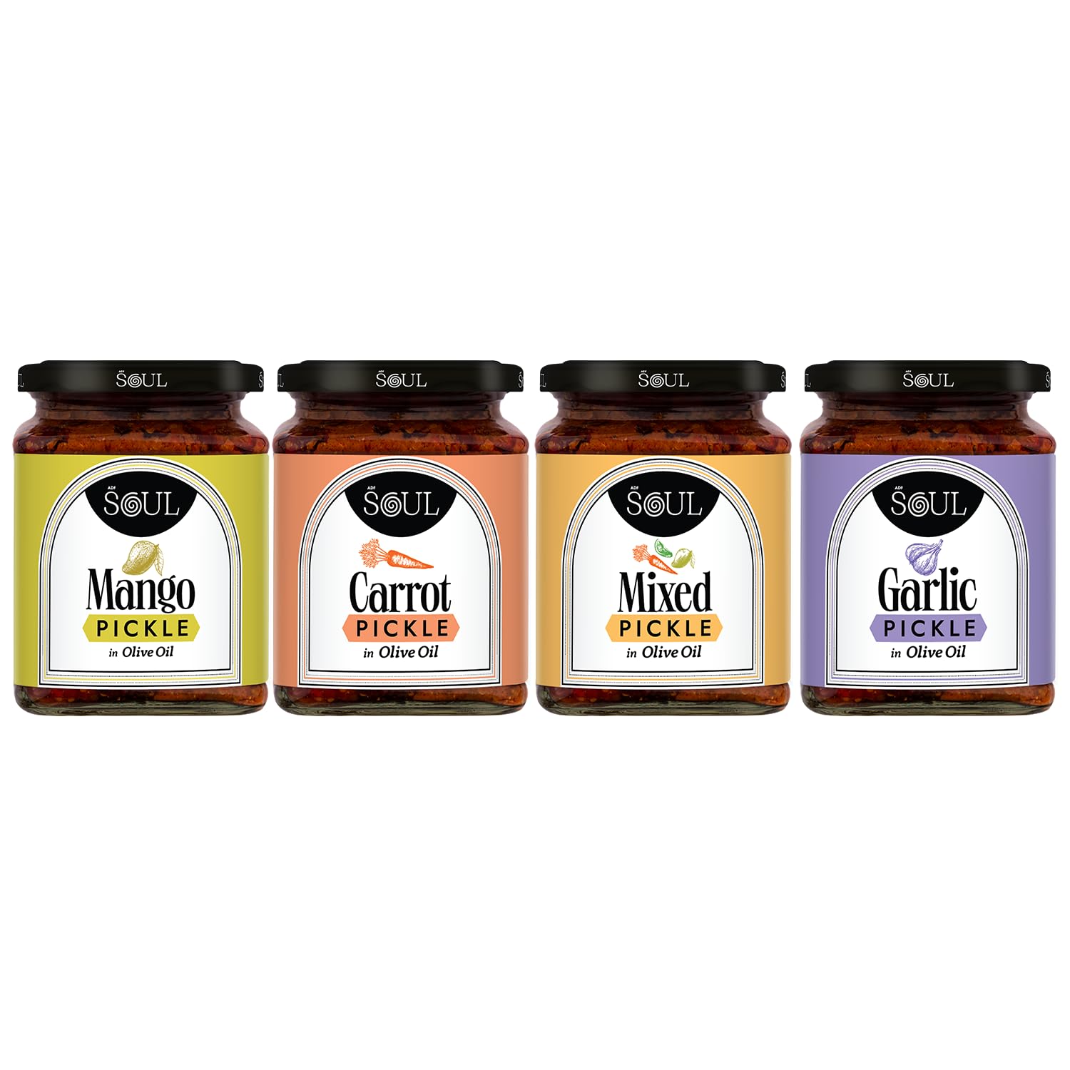 Soul Pickle In Olive Oil Combo Pack Of 4 (Mango Pickle 275 GM + Carrot Pickle 265 GM + Mixed Pickle 265 GM + Garlic Pickle 275 GM)