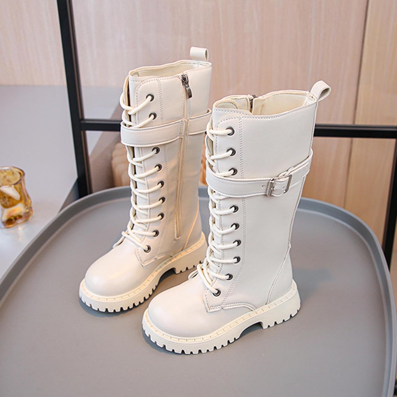 Girls Boots Winter Knee High Zip Up Lace Up Outdoor Booties Fashion Long Leather Boot for little Kid Big Kid