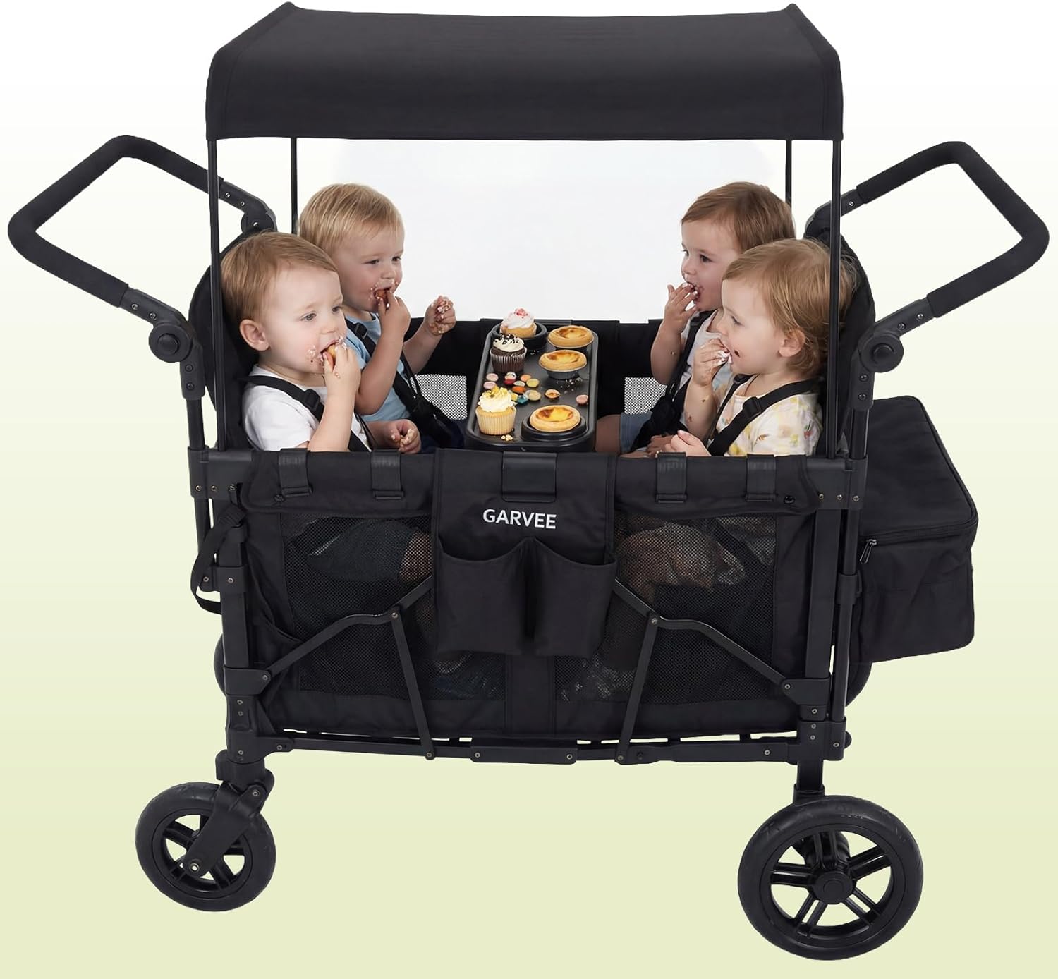 4 Seater Wagon Stroller - Premium All-Terrain Wagon for Kids with Snack Tray, Removable Canopy, Adjustable Push/Pull Handle & Fold, Black