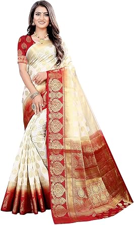 Womens Banarasi Art Silk Sari Saree Work Jacquard Fashion Saree with Unstitched Blouse Piece Off White