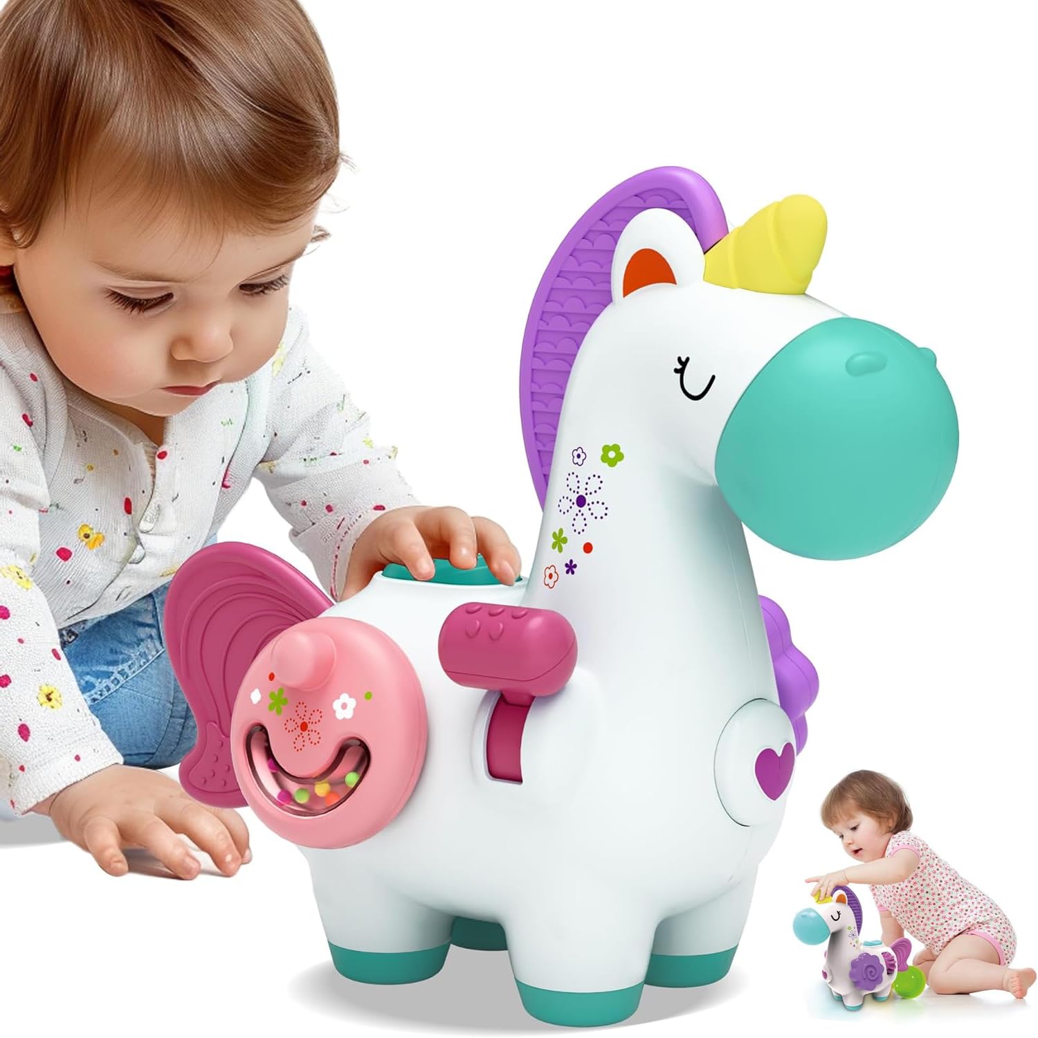 AquaFalcon Baby Unicorn Activity Cube, Infant Busy Cube Montessori Toy for 1 Year Old, Babies Carseat Plane Travel Toy, Toddler Sensory Development Learning Birthday Gift 6-9-12-18 Months 2 3 Years