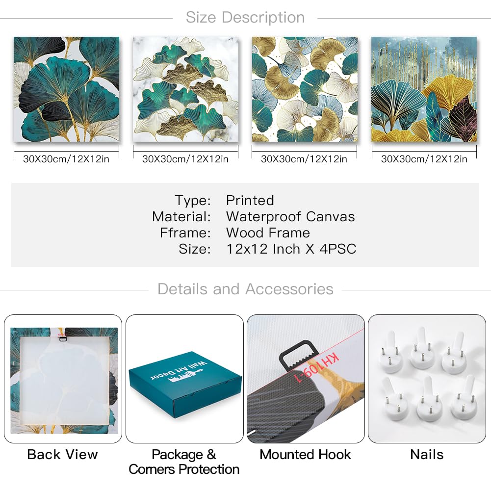 Artscope 4 Pièces Impression sur Toile Feuilles de Ginkgo 30x30cm Décoration Murale