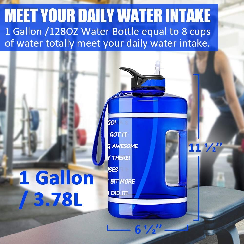 1 Gallon Water Bottle with Time Marker & Straw - 128 oz BPA Free Reusable Large Motivational Fitness Sports Water Bottle Leakproof Big Plastic Gym Water Jug for Biking, Running, Workout