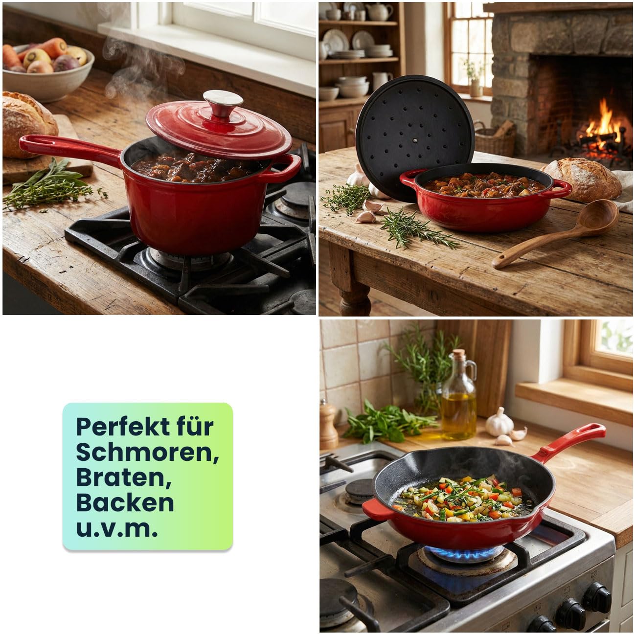 Gusseisen Topfset 3-teilig emailliert - Set aus Pfanne Kochtopf & Stielkasserolle - Für Induktion & Backofen - Profi Kochgeschirr Set - Langlebig & Robust - Alle Herdarten