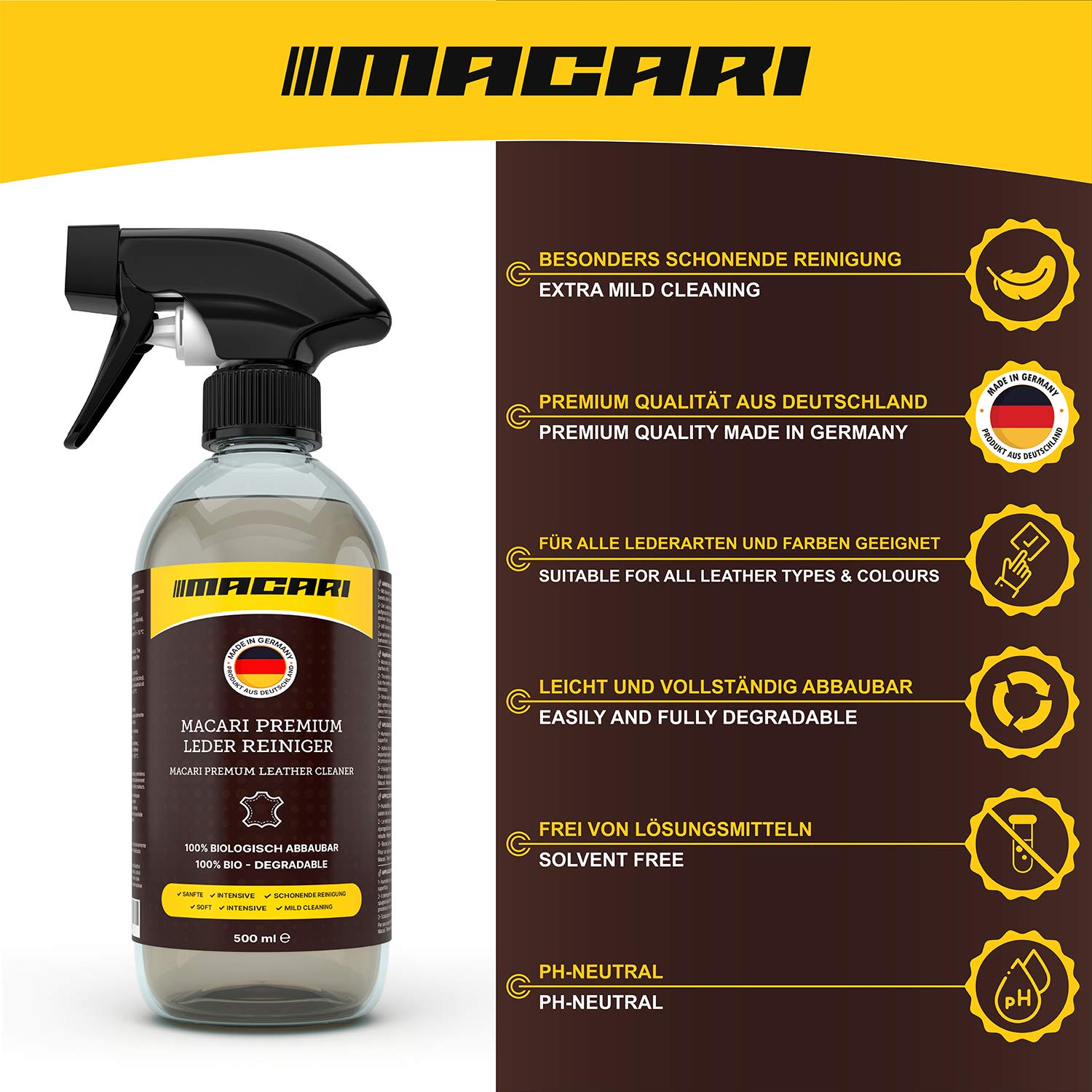 Macari Set d’Entretien du Cuir pour canapé, Chaussures et Voiture. Nettoyant pour Coussins d’ameublement et Graisse/crème pour Cuir comme Accessoires pour Les Sets de réparation du Cuir