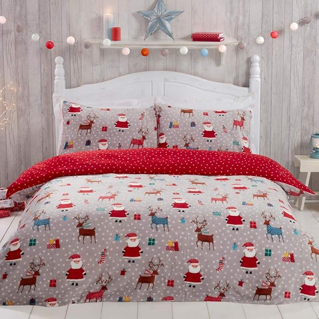 Sleepdown Santa Christmas Fleece Red Warm Cosy Super Soft Easy Care Reindeer Presents Xmas Grey Stars Reversible Mini Polka Dots Duvet Cover Quilt Bedding Set with Pillowcase - Single (135cm x 200cm)