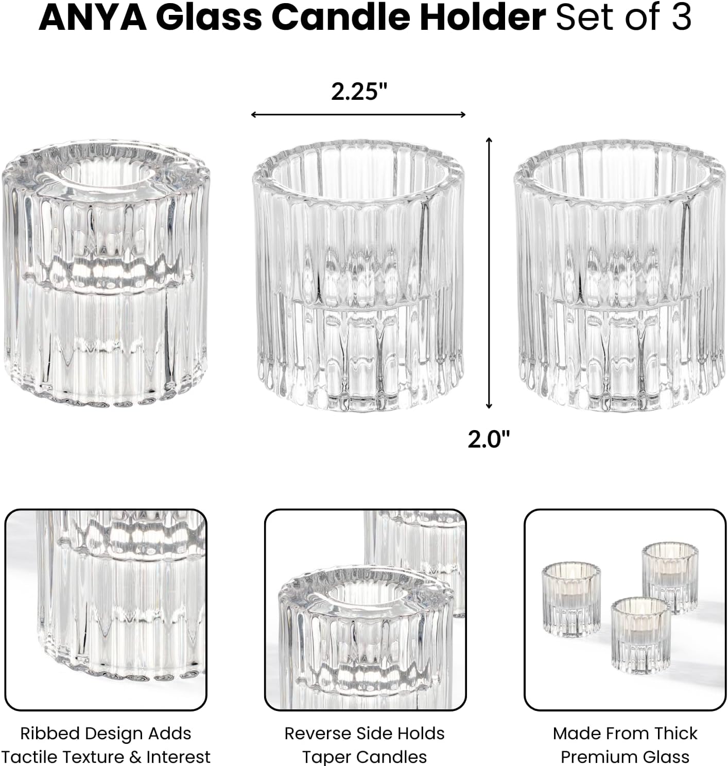 Torre & Tagus Reversible Glass Candle Holders for Taper Candles, Fluted Tealight Holders for Table Centerpiece, 2 Inch Clear Taper Candle Holders As Wedding Decor Candle Holder Set (Anya 3-Piece Set)
