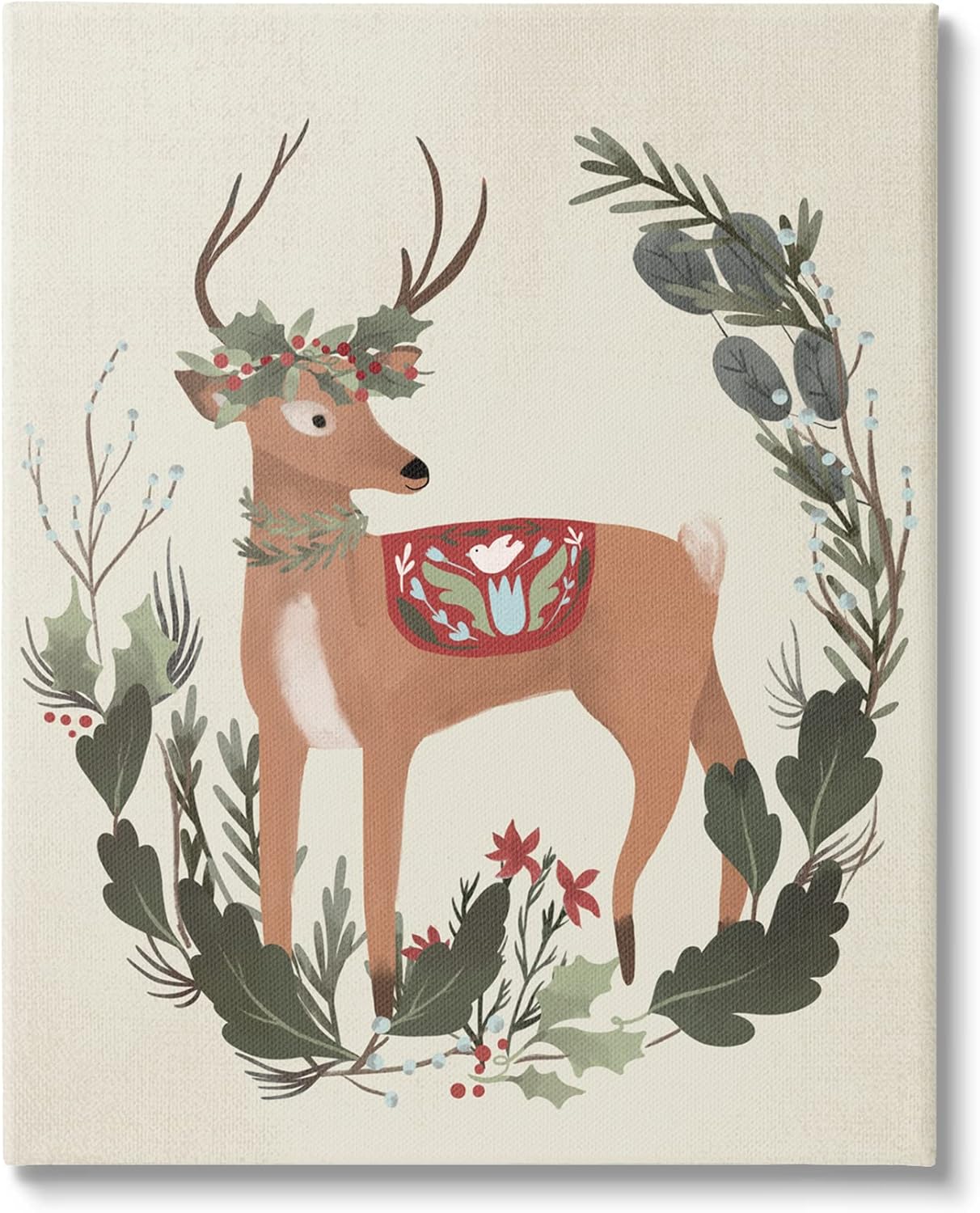 Stupell Industries Peaceful Deer Festive Holiday Leaf Border Collage,Design by Laura Konyndyk