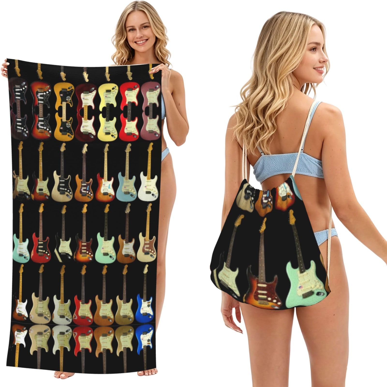 SATUSA Art Guitar Pattern Print 2-In-1 Foldable Beach Towel Backpack â€“ Camping, Yoga And Travel,Bath Towel With Built-In Storage, Convertible Beach Mat & Carry Bag