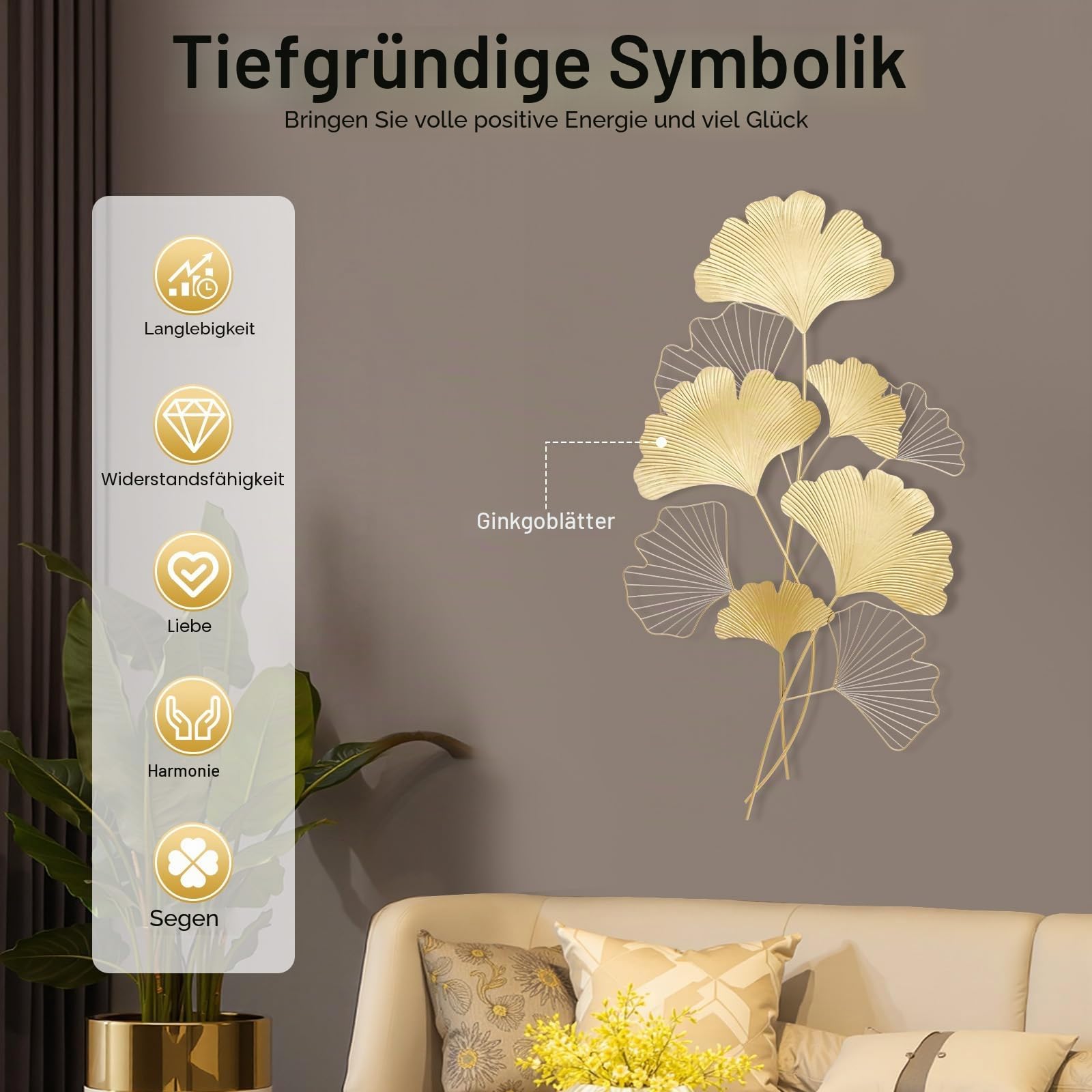 PBTERDTF Wanddeko Metall Gingko 3D Blätter Wandbild GoldWanddekoration Wohnzimmer Dekoration Wand Dekor aus Eise für Wohnzimmer Schlafzimmer Esszimmer (109x55cm)