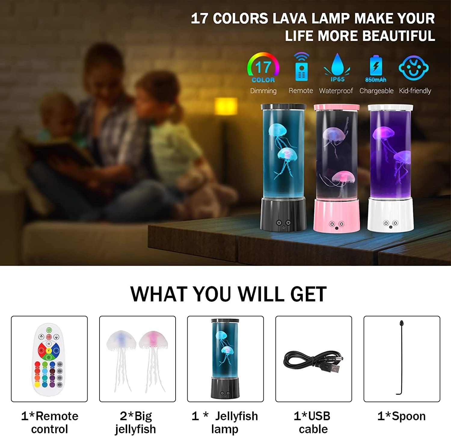 FBSPORT lavalampe quallen lampelava mit Fernbedienung 17 Farben jellyfish lamp lavalampe quallenlampe quallenlampen Quallen Aquarium für Stimmungslicht Dekoration Weihnachten Geschenke Kinder