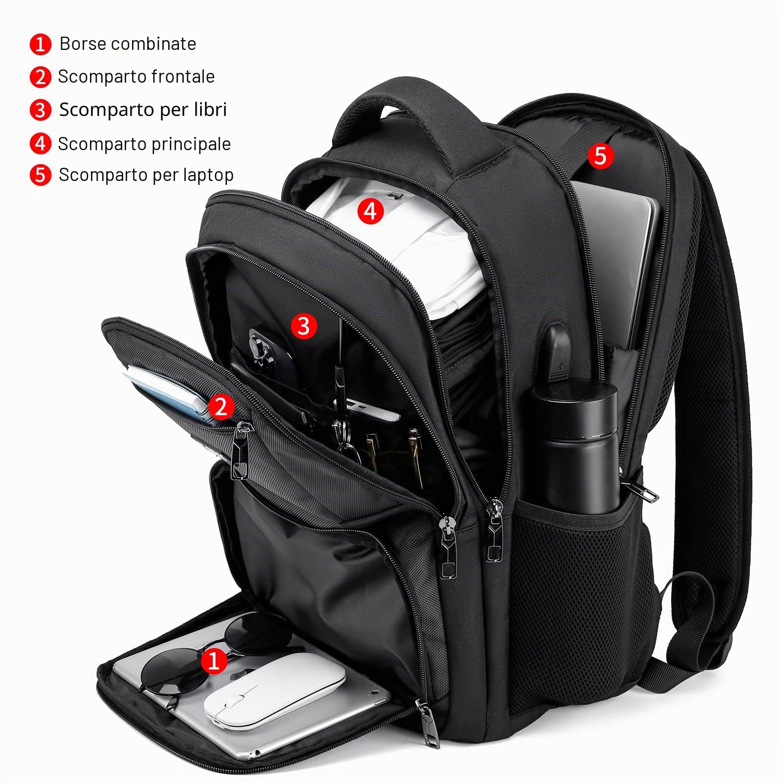Zaino Uomo, Zaino Scuola Superiore Media Università, Zaino per PC Portatile da 17,3 Pollici con Porta USB, Zaino da Lavoro Impermeabile per Laptop, Viaggio - Regalo per Uomo e Donna, Nero