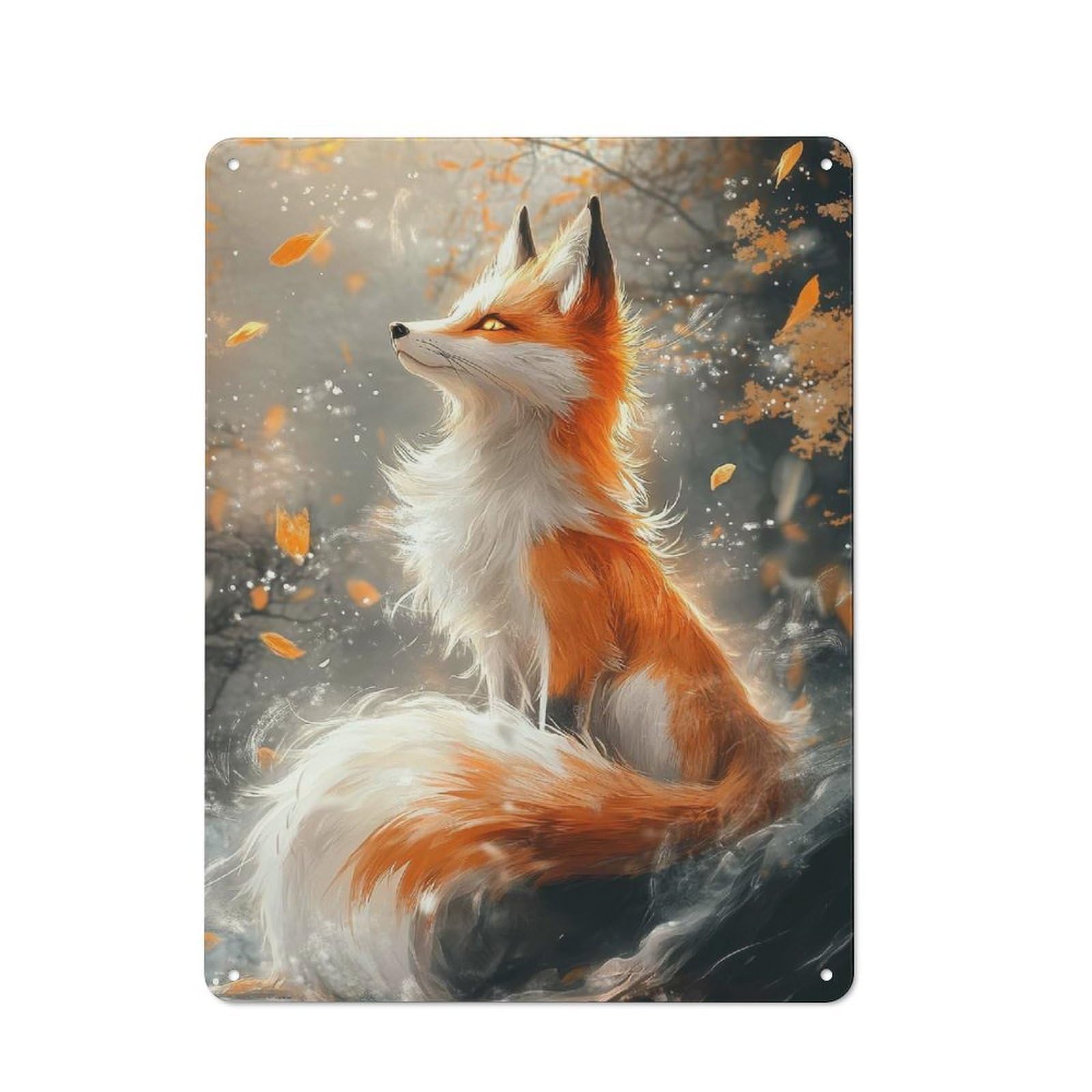 Junmoney Style-8 Tin Wall Plaque 40X30cm With Elegant Fox In Autumnal Setting For Workshop Wall, With Clear Retro Wall Decor Character