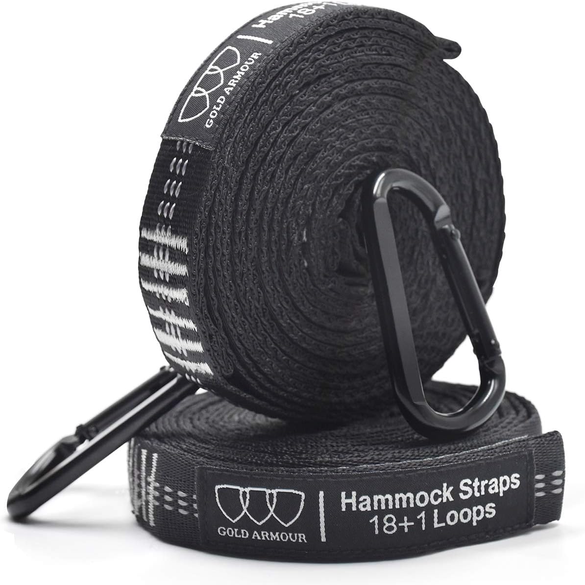 Gold Armour Hammock Straps XL, Camping Hammock Tree Straps Set (2 Straps, 2 Carabiners, Carrying Bag), 20 ft Long Combined, 36 Loops, Must Have Accessories & Gear (Black with Grey Stitching) : Patio, Lawn & Garden