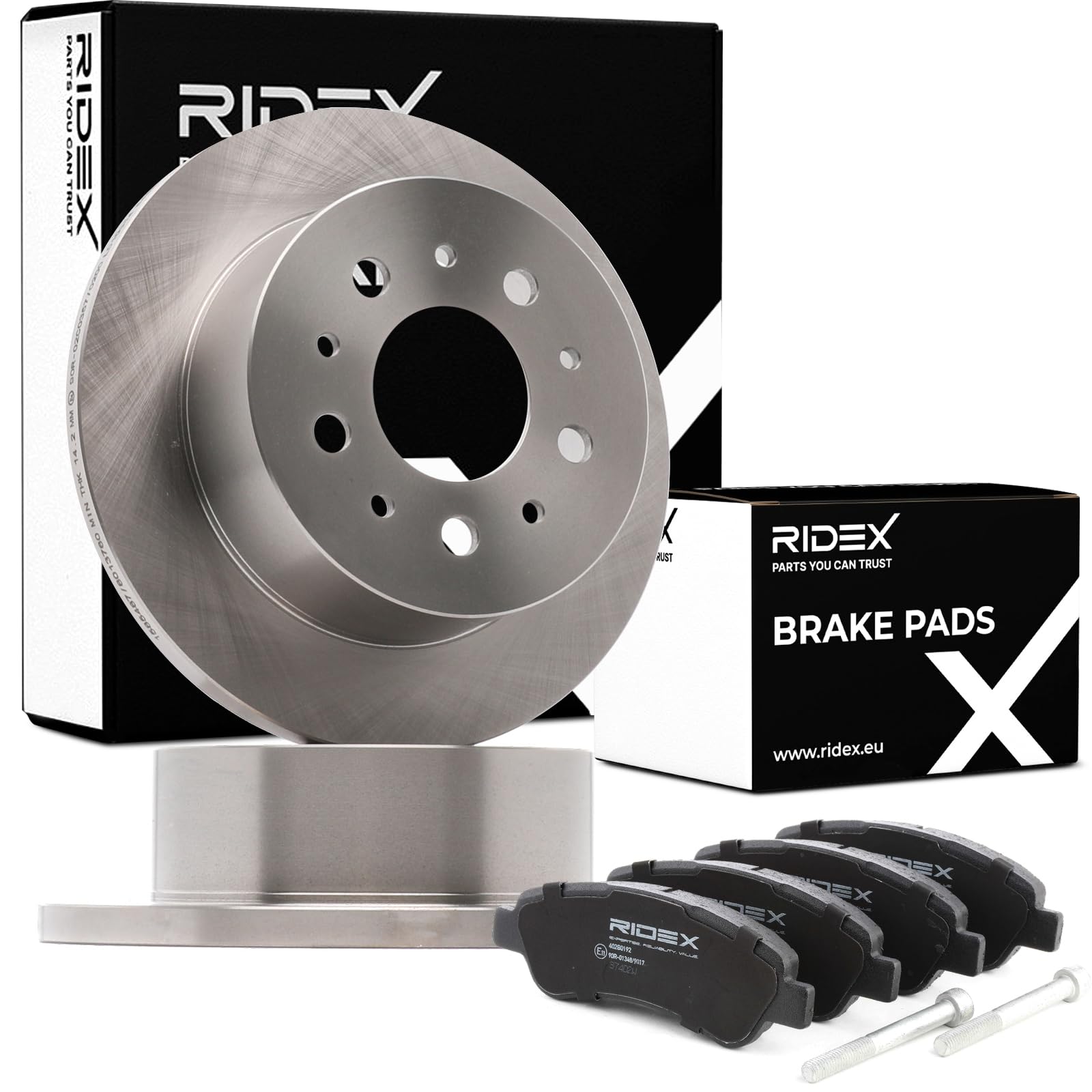 RIDEX 3405B0975 Set d'essieu Disques et plaquettes de freins Arrière avec coulisses avec tôle anti-bruit Compatible avec FIAT Ducato III Van 250, 290
