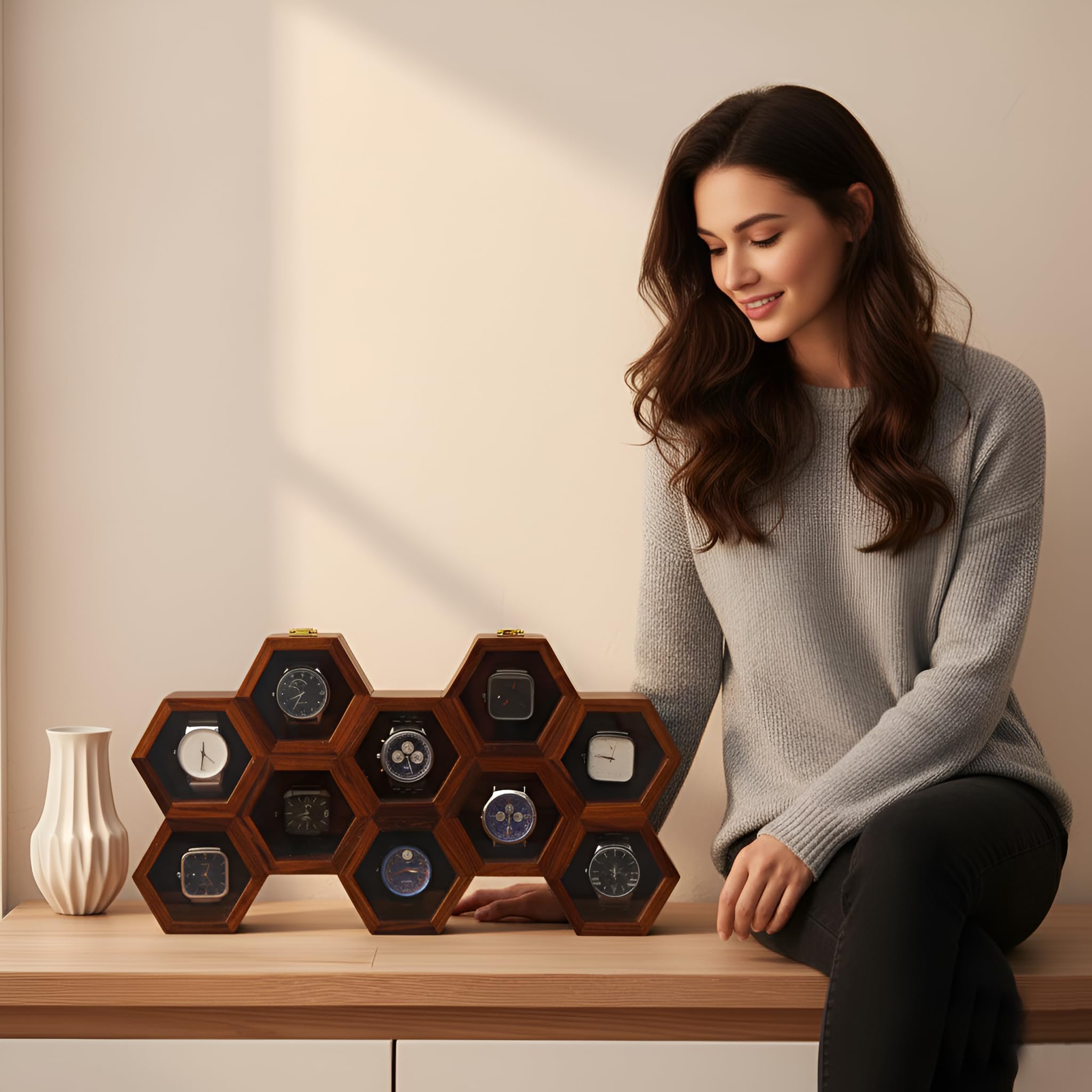 Vintage-Uhrenbox aus Holz für Herren, Uhren-Vitrine, Aufbewahrungs-Organizer, Schmuckschatulle für Frauen, Geschenk für Männer, antikes Holz, handgefertigte Kissen und