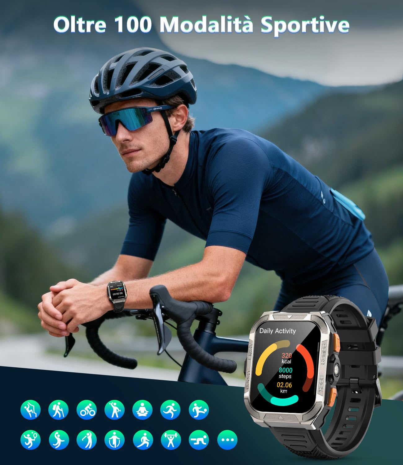 IOWODO Smartwatch Uomo con Batteria 900mAh, GPS e Torcia SOS Bussola, | 1,91" Militare Orologio Intelligente con Assistente AI, IP68 Impermeabile, Chiamate Bluetooth, Android iOS