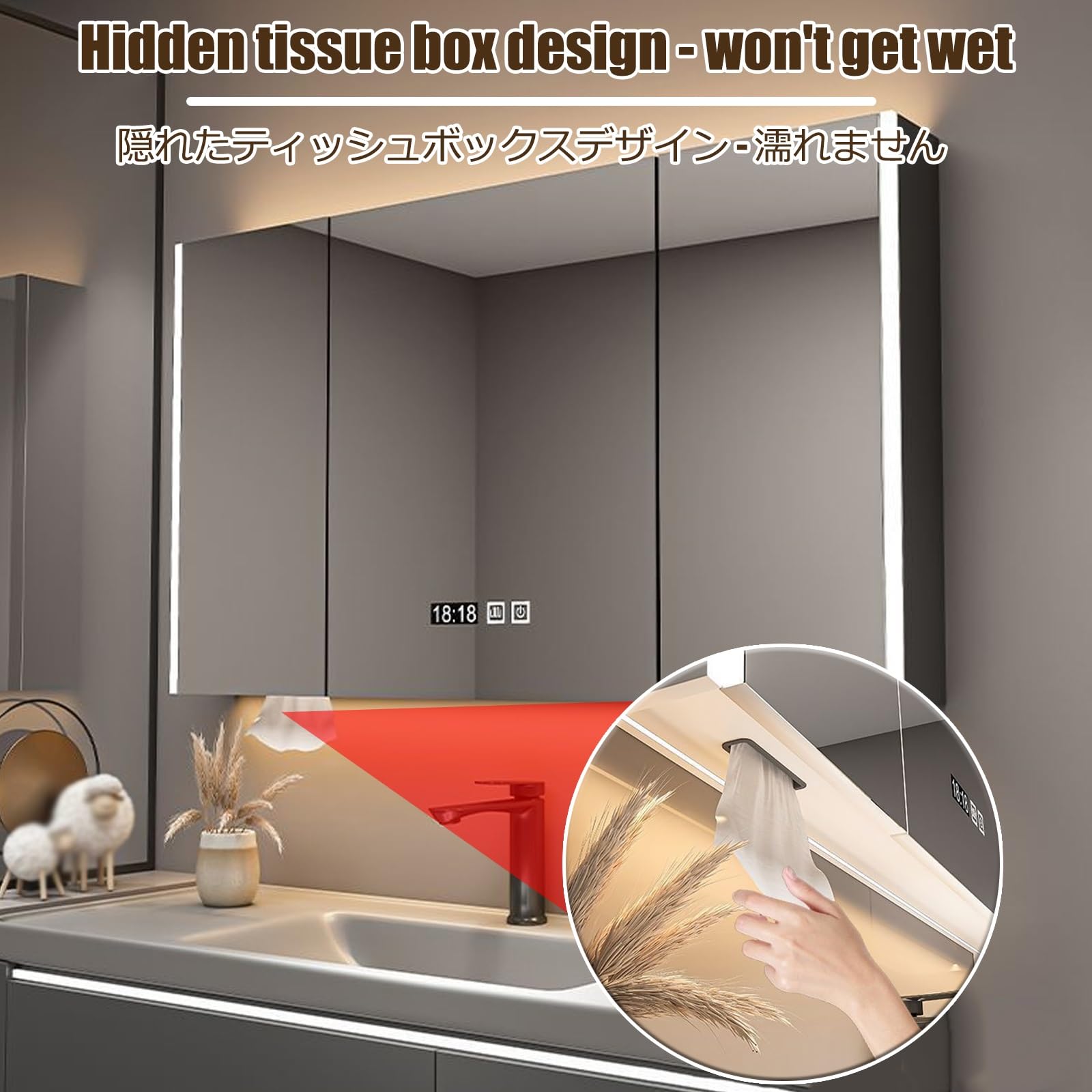 Mobiletto A Specchio,Mobile Bagno Con Specchio,Specchiera Bagno Con Contenitore,Luce Regolabile,Sbrinatore,Per Soggiorno, Lavanderia, Fango(Gray,120cm/47.2in)