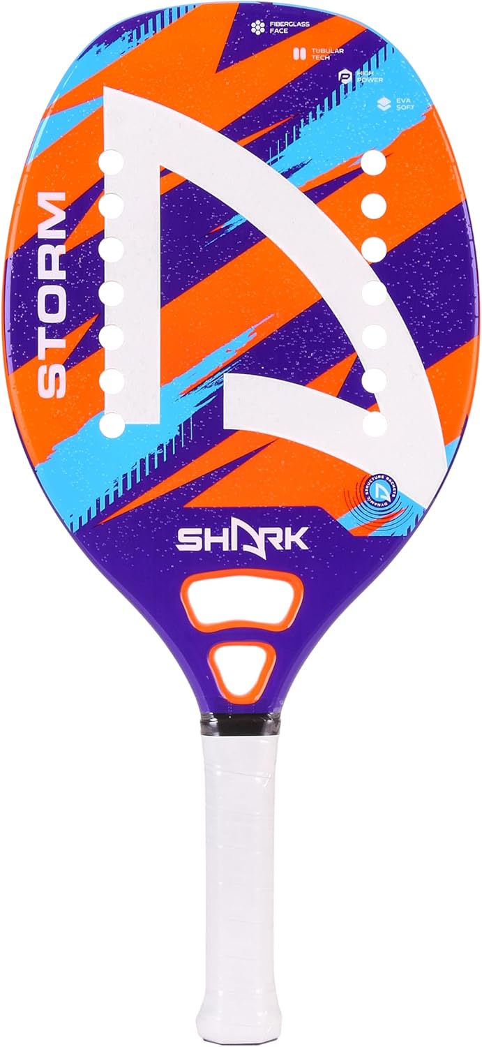 Shark Storm - Professional Beach Tennis Racket | Fiberglass Frame, EVA Soft Core | Beginner Level | Spin-Generating Micro-Granule Face Texture | Includes Cover