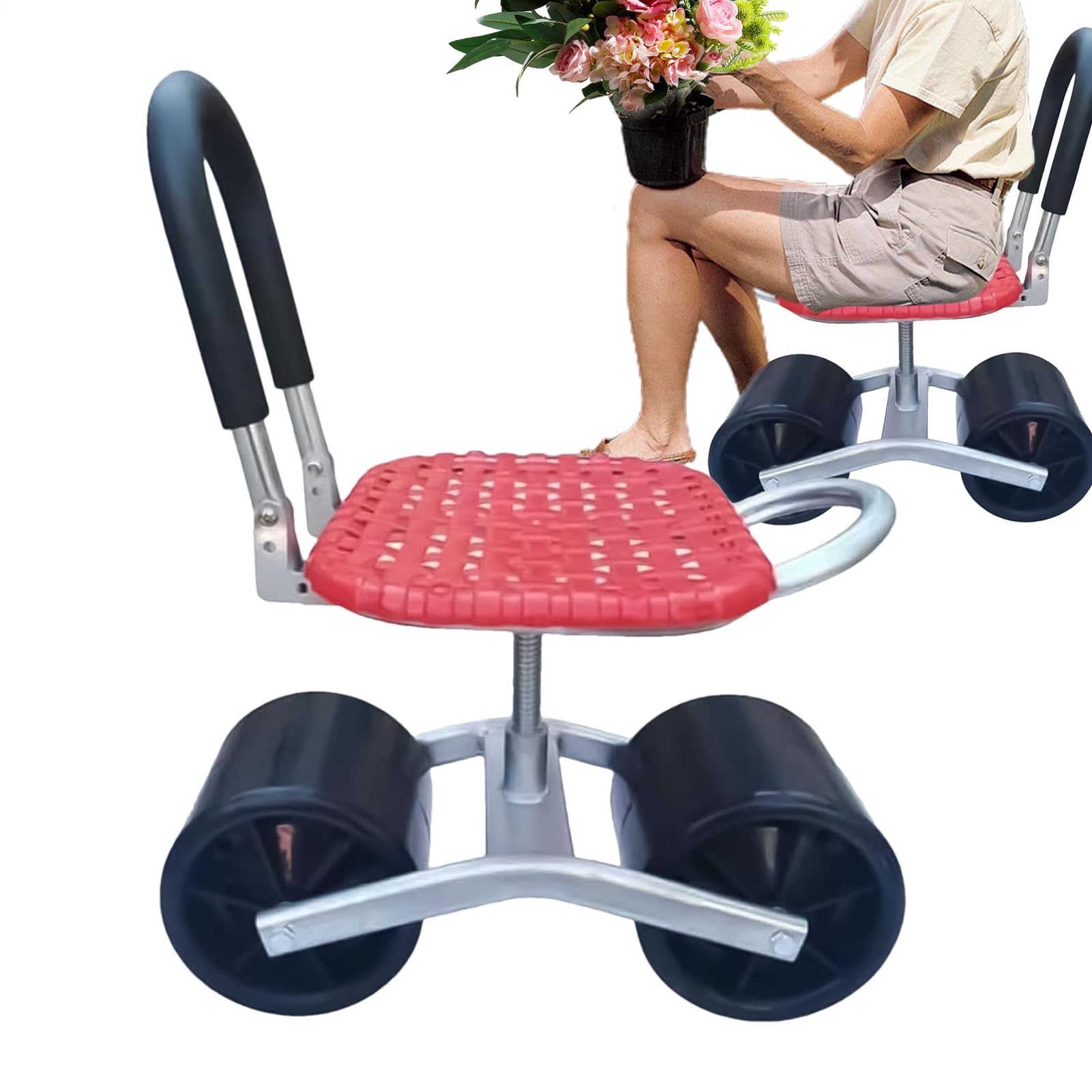 Carrello da Giardino con Sedile - Sgabello da Giardinaggio Regolabile con Ruote, Sedia Ergonomica | Scooter per Cortile per Anziani, Panca Mobile con Maniglia per Orto, Serra, Prato e Esterni