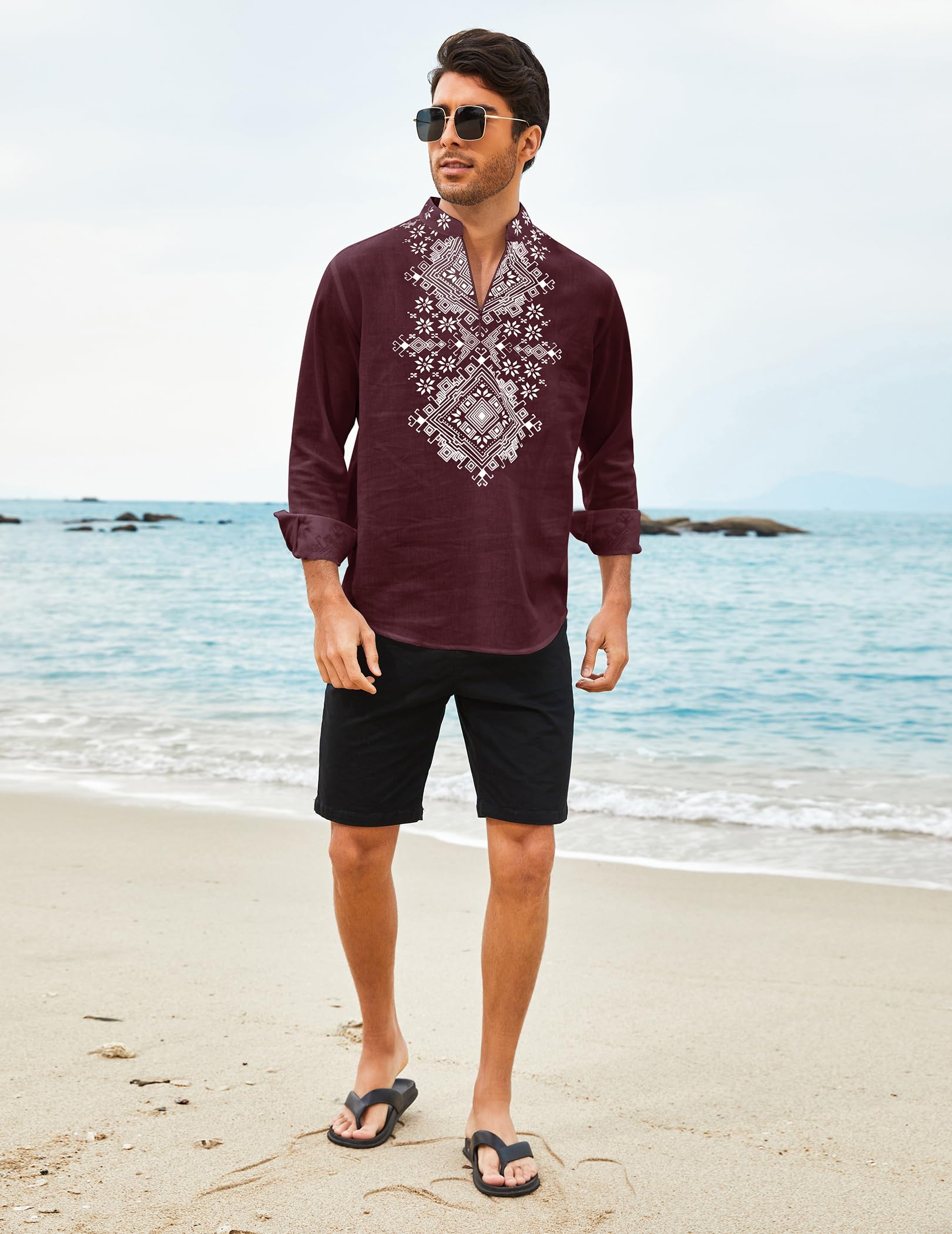 COOFANDY Camicia da uomo Henley Vyshyvanka a maniche lunghe con stampa africana camicie casual zip up cotone lino spiaggia camicia hippie