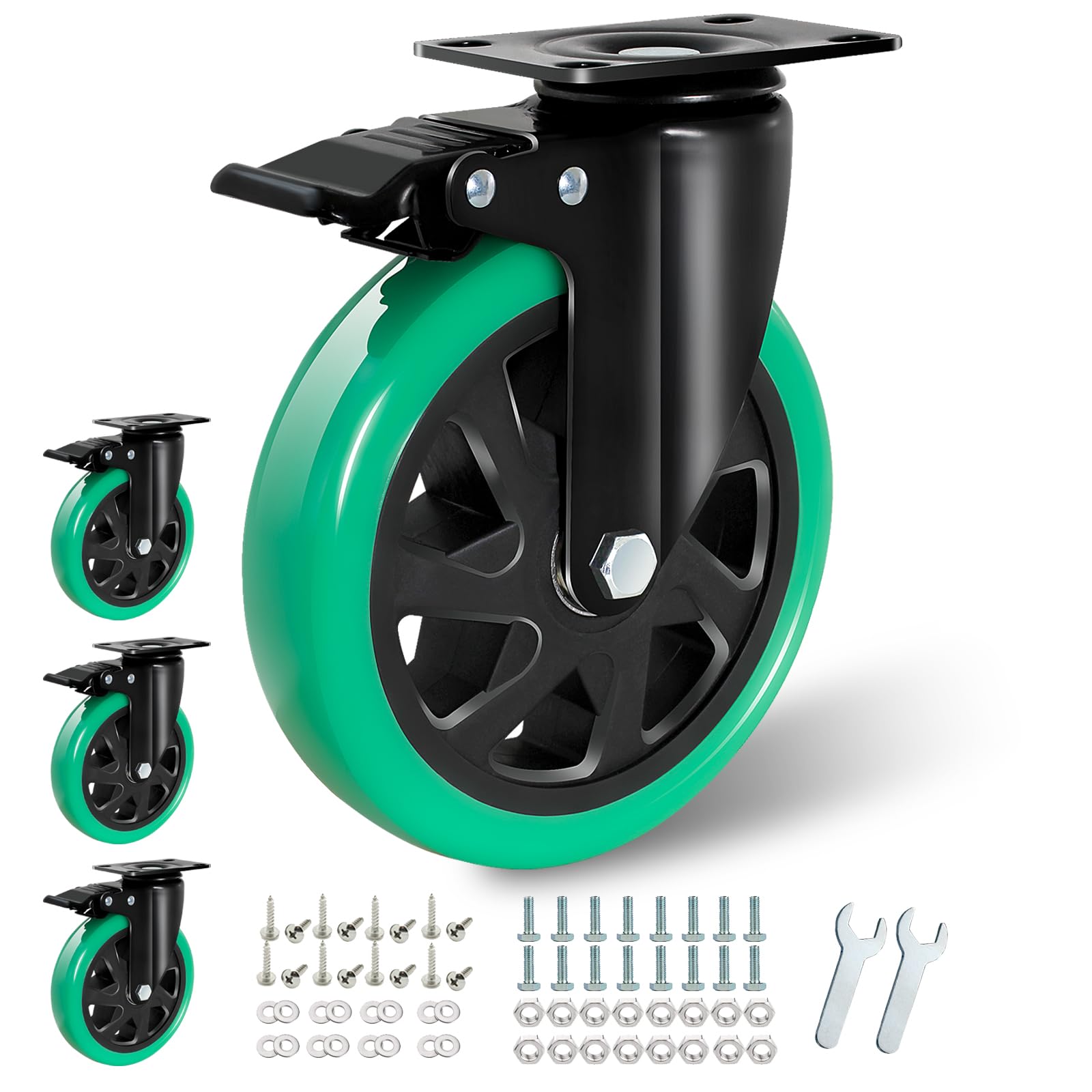 Nfbcxutkw Green 6 Inch Caster Wheels, Locking Casters Set Of 4 Heavy Duty, Silent Top Plate Swivel Caster With Brake, Polyurethane Castor Wheels For Furniture And Workbench Cart