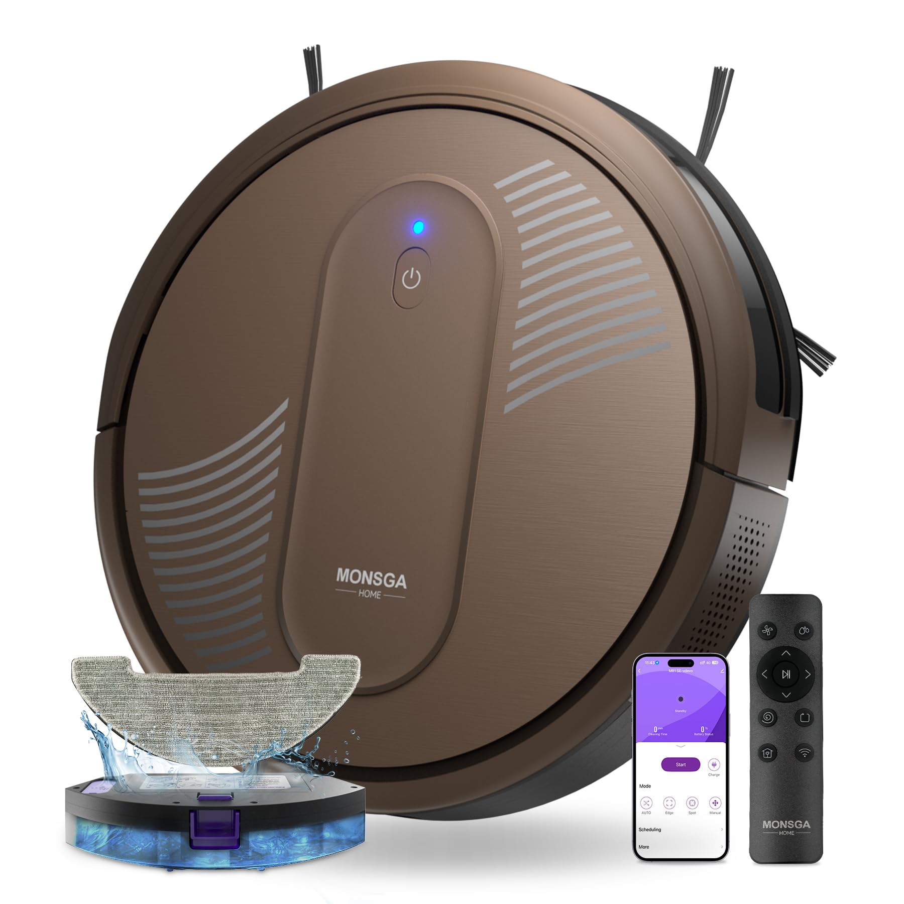 MONSGA Robot Aspirador,Robot Aspirador y Fregasuelos 4000Pa Presión de Succión, Autonomía 140 Minutos, Sensores Anticaídas y Cepillo Multifunción, TotalSurface, App Control (marrón café)