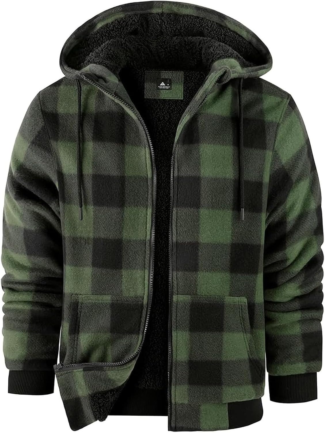 Men's Flannel Plaid Shirts Fleece Sherpa Lined Jacket, Full Zip Up Hooded Sweatshirt Warm Coat with Hood