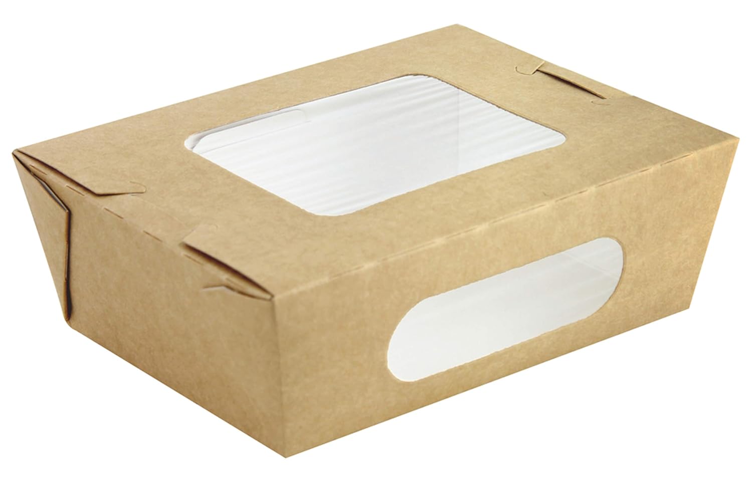 PacknWood 210BOXS752 - Kraft Window Box - Kraft Paper Take-Out Salad Box with 2 Windows - Kraft Boxes with Clear Window - Microwaveable - (24 oz. Capacity) (Case of 100) (6.1" L x 4.7" W x 2" H)