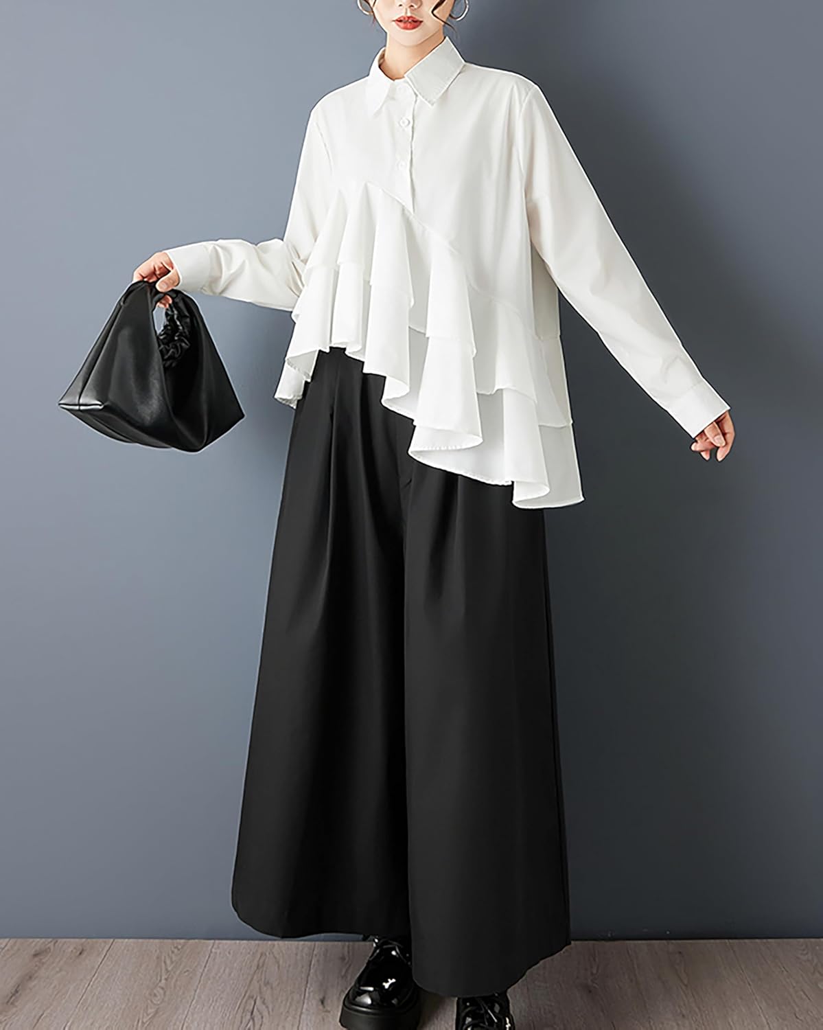 ellazhu Women's Oversized Asymmetrical Ruffle Shirt Lapel Collar Long Sleeve Loose Fit Black Blouse Casual GZ801 A