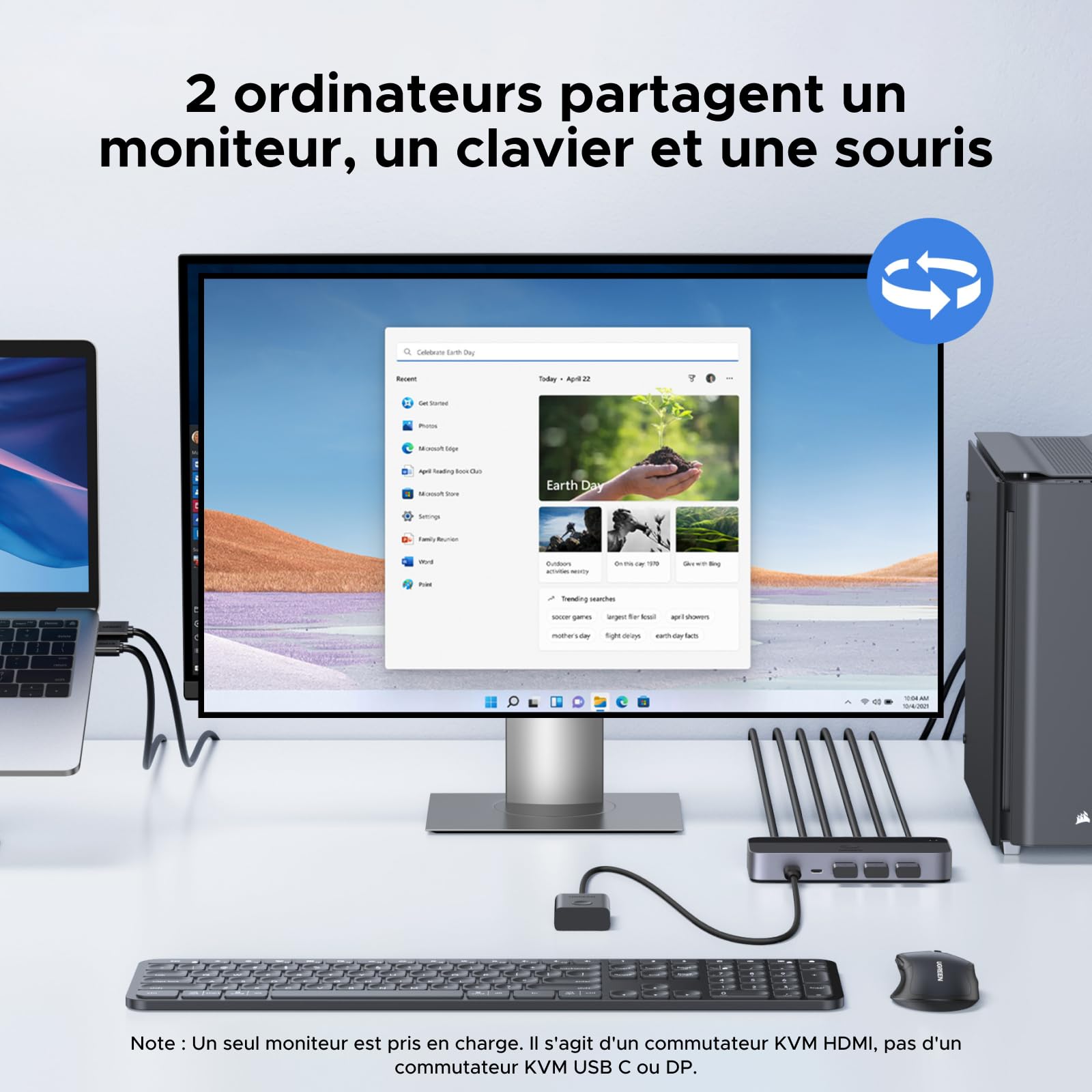 UGREEN Switch HDMI KVM 4K 60Hz 2 Entrées 1 Sortie avec USB 3.0 Ports 3A1C | 5Gbps USB Ports pour Clavier Souris Disque Dur Commutateur KVM Switch USB avec Contrôleur de Bureau et 2 Câbles HDMI 1M