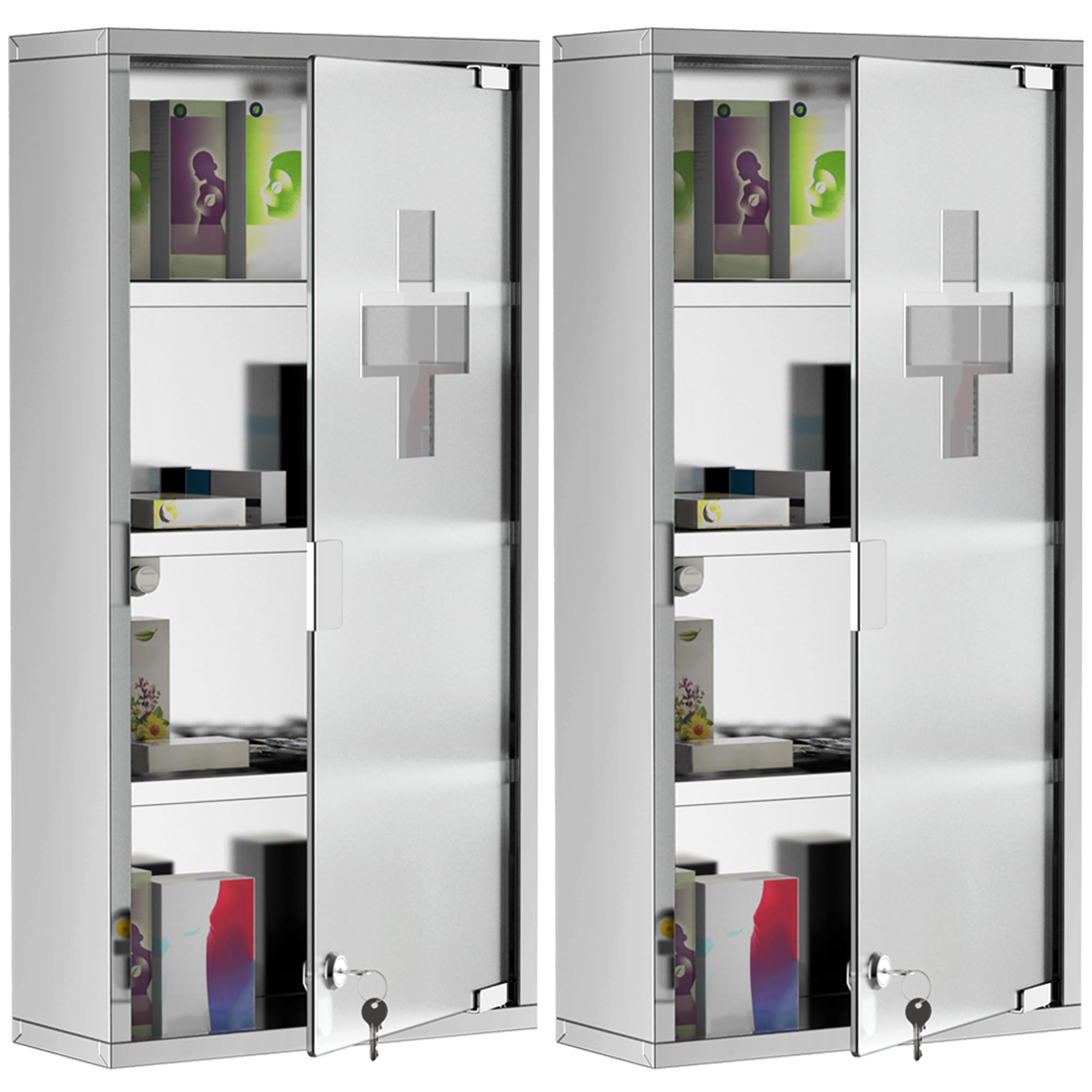 HOMCOM Lot de 2 Armoires à Pharmacie à 4 Niveaux, Porte Verre trempé, Symbole Croix, Acier Inoxydable brossé, 30L x 12l x 60H cm, Argenté