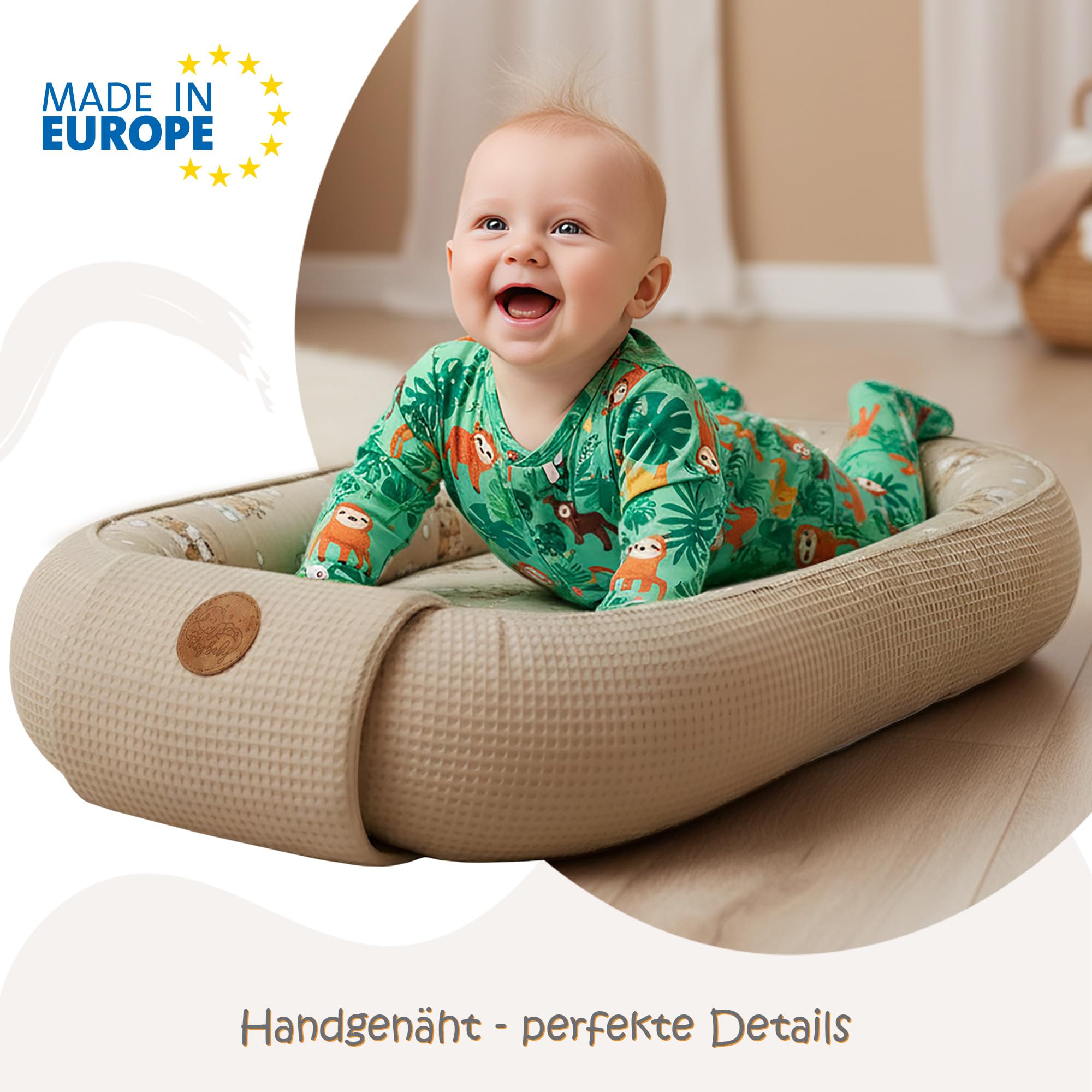 Kokon XL z zakładką i naszywką Totsy Baby Żyrafy + beżowy Wafel 65X120
