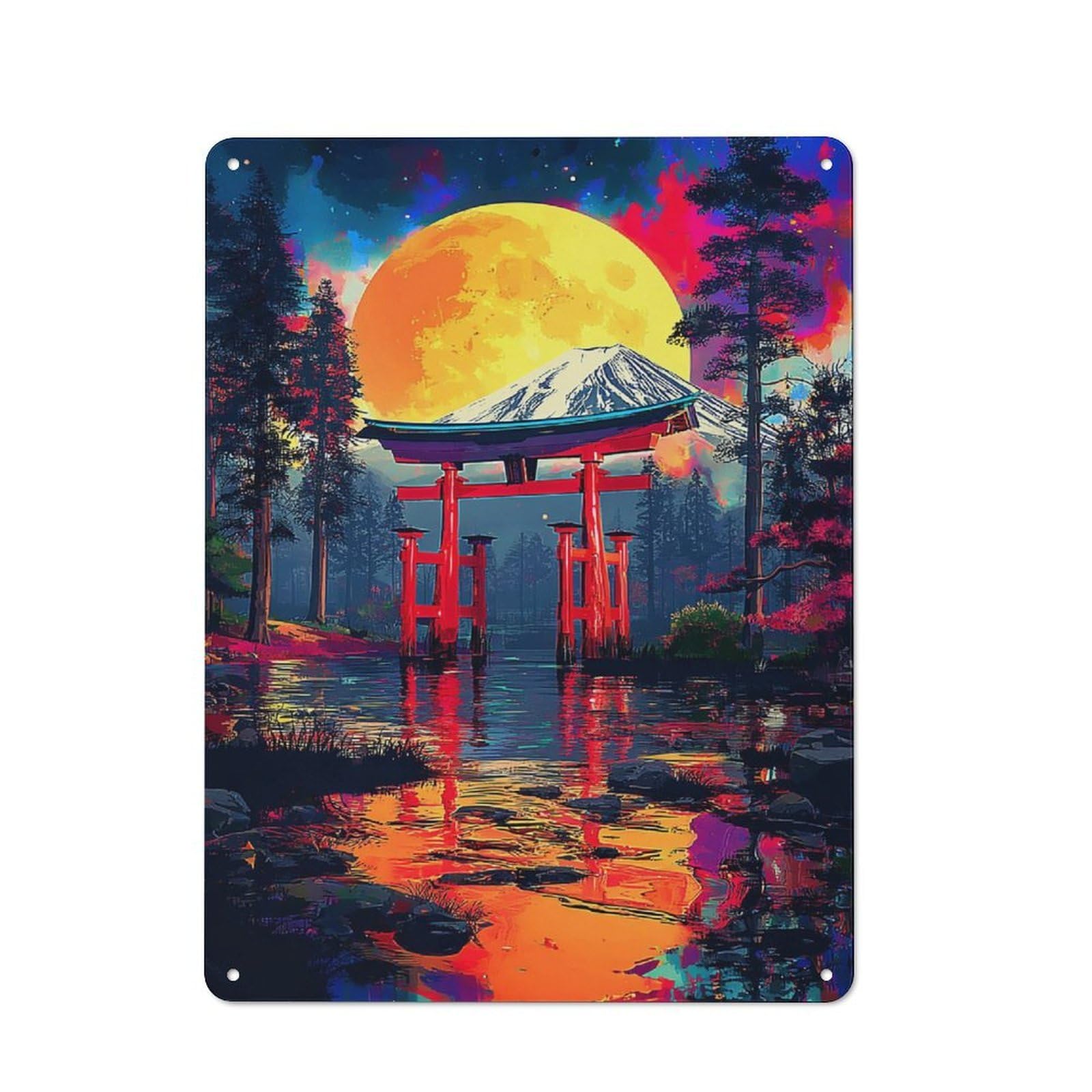 Junmoney Japanese Torii Gate Under A Full Moon Tin Wall Plaque 40X30cm With For Home Office Or Studio, For Home Office Decor Fans
