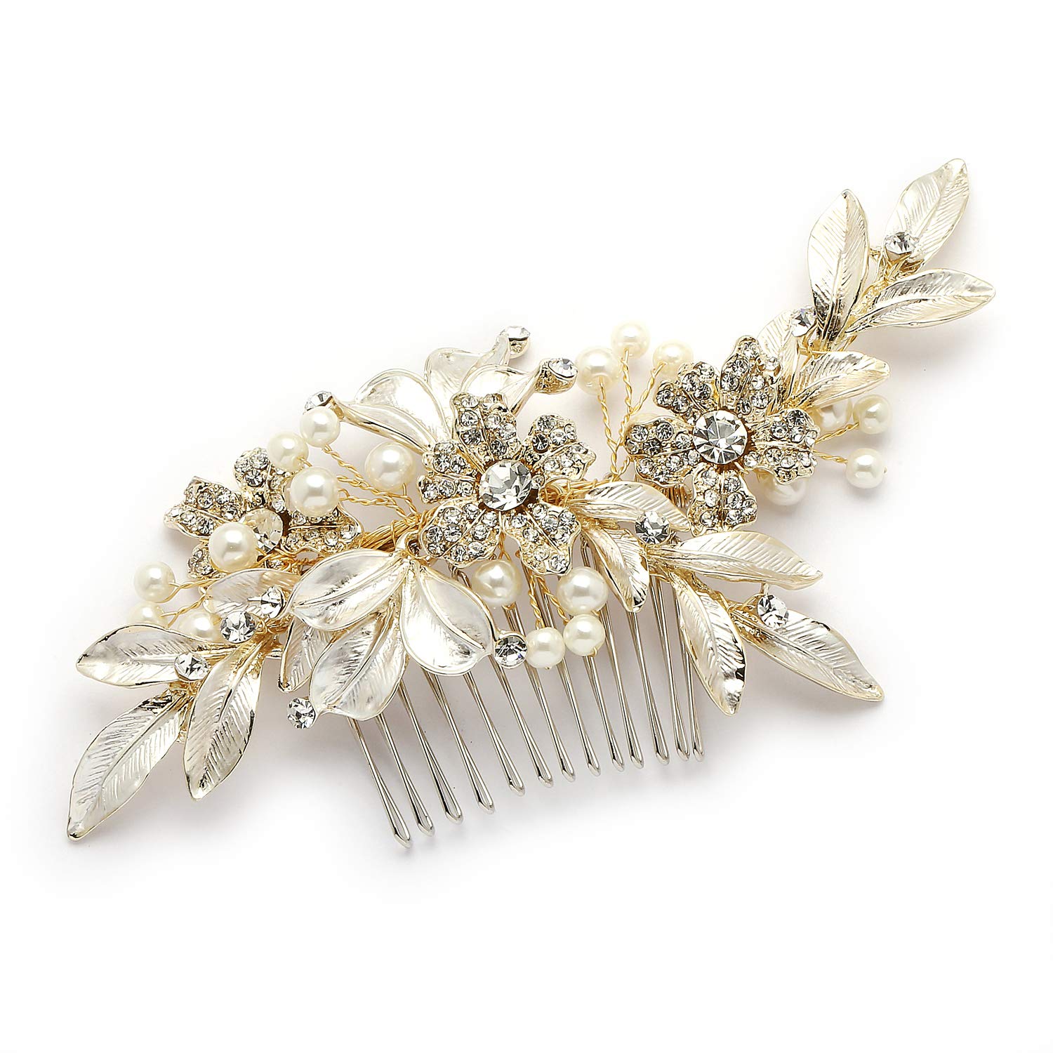 Mariell Designer Gold Bridal Hair Comb with Hand Painted Silvery-Golden Leaves and Pave Crystals