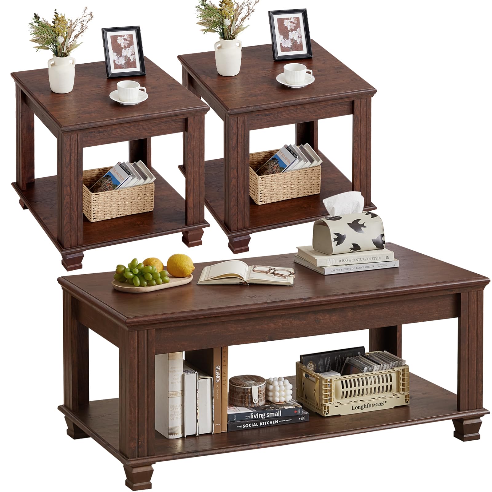 SAVOR LIFE farmhouse coffee table set of 3 in walnut with open shelf and square end tables