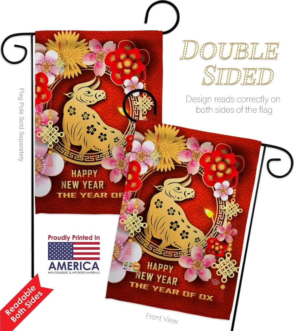 Year of Ox Garden Flag Pack Winter Lunar New Good Luck Prosperous Seasonal Arrival Blessing Applique House Decoration Banner Small Yard Gift Double-Sided, Made in USA