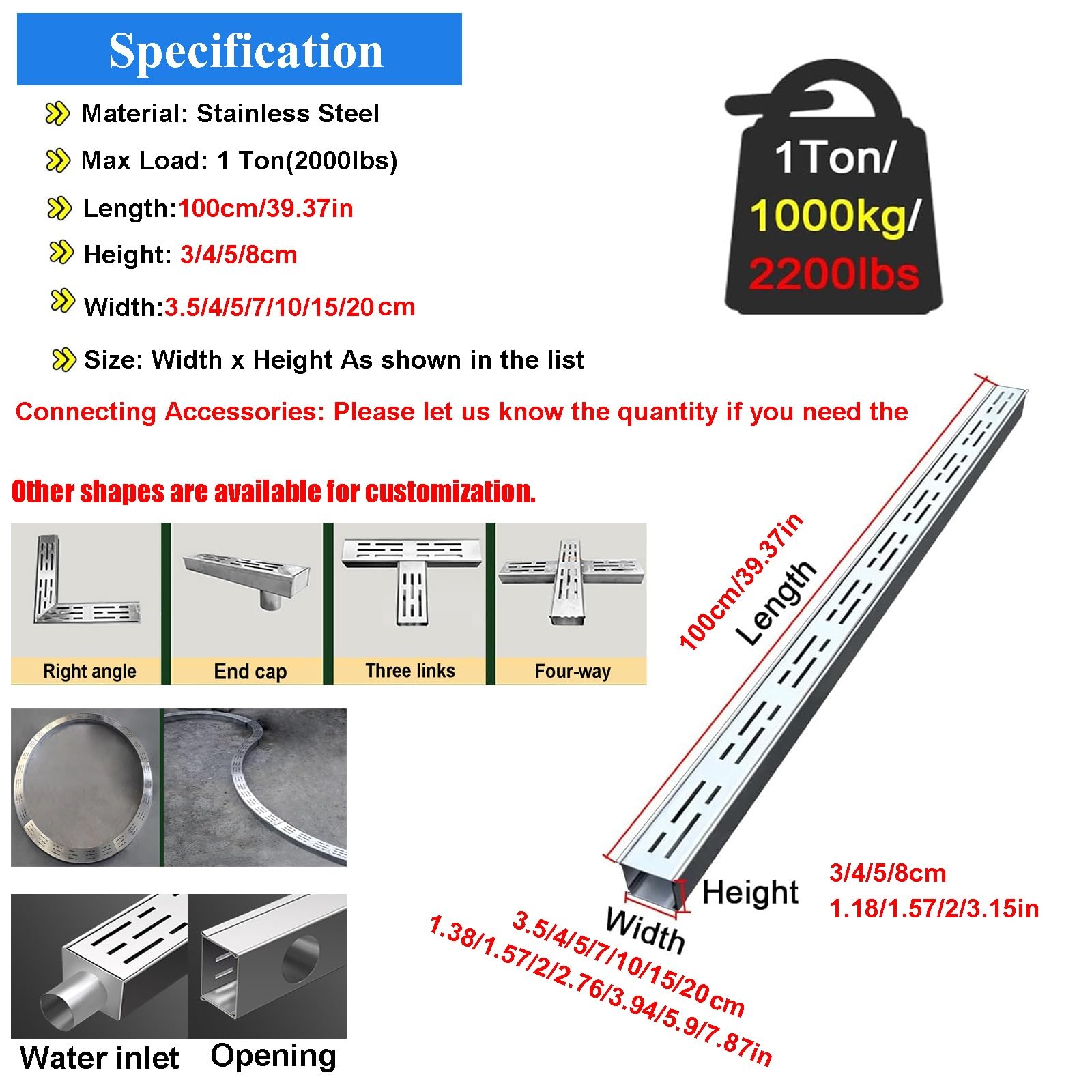 Sistema de Drenaje de Rejilla de Acero Inoxidable con pequeños Canales de Recogida de Agua para Patios. Drenaje de Zanja Duradero con Rejilla de Acero Inoxidable 304 (3 cm de Alto x 7 cm de