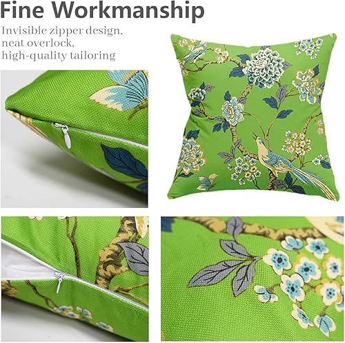 Miniatura 2 de SMF Chinoiserie - Juego de 2 fundas de almohada de 18 x 18 pulgadas, diseño de flores verdes y pájaros, fundas de almohada de lino para exteriores,
